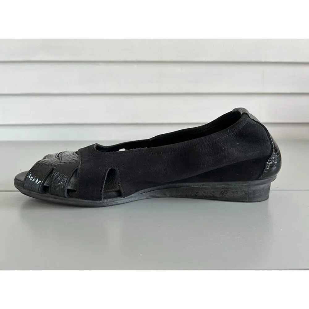 New Arche Womens Black Mix Leather Suede Cutout Ninova Peep Toe Flat EUR Size 37